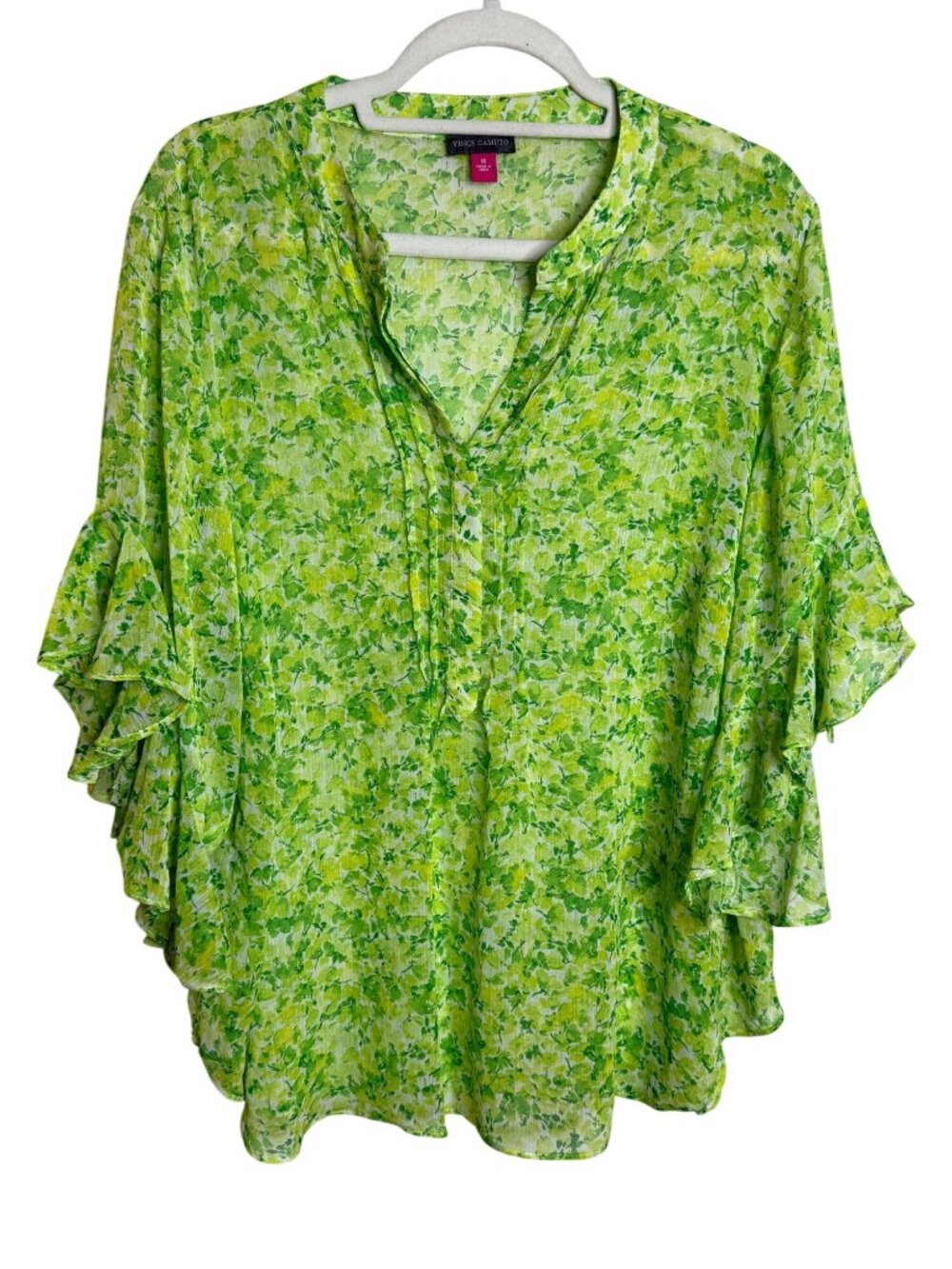 Vince Camuto Green Floral Ruffle Sleeve Blouse